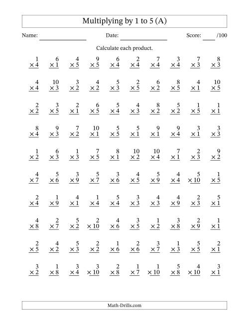Third grade students working on a Multiplying by Five worksheet, solving equations and filling in a multiplication chart. Engaging math practice for mastering multiplication by 5.