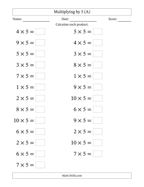 A student working on a third grade math worksheet practice sheet to multiply by five and fill in a multiplication chart