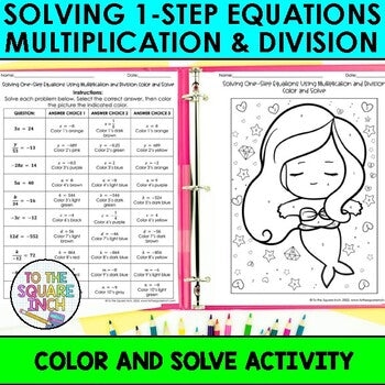 Worksheet for solving one-step multiplication and division equations in sixth-grade algebra