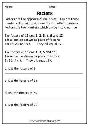 Fourth grade student working on a math worksheet to identify factors through multiplication practice