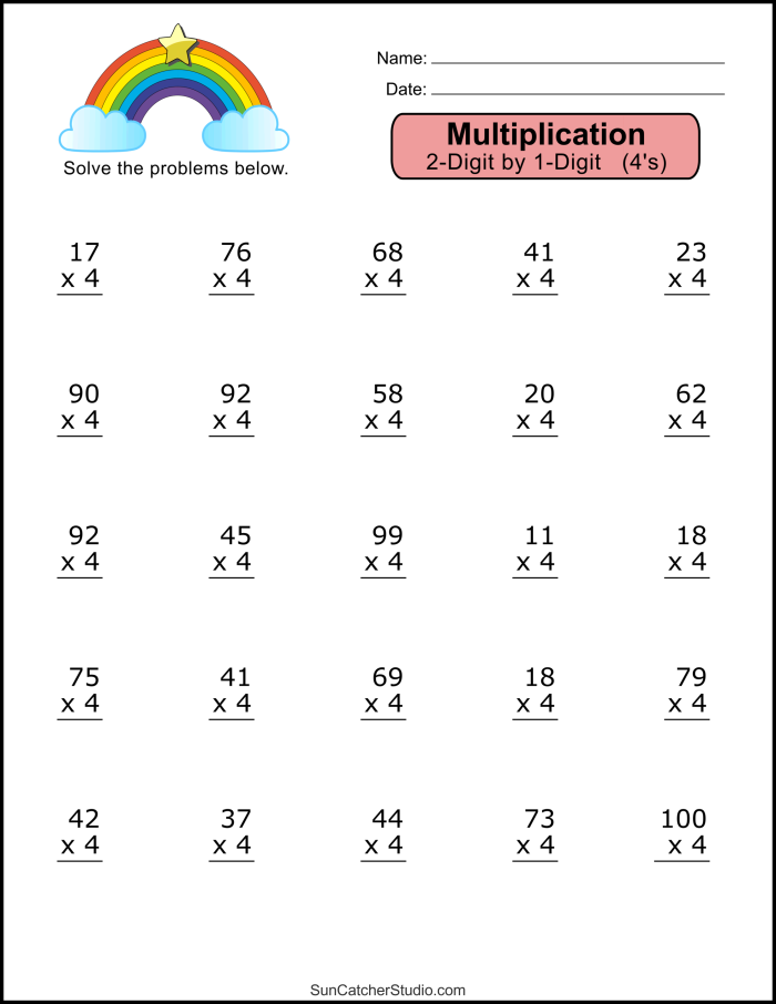 Third grade worksheet showing addition and multiplication number sentences with falling acorns
