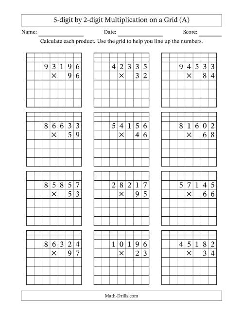 Third grade students working on a multiplying by five worksheet, solving equations and filling in a multiplication chart. Engaging multiplication practice for third graders focused on the number 5.