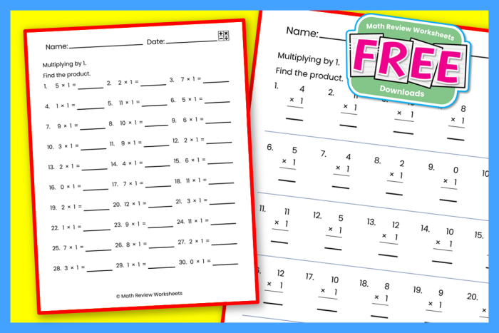 Multiplying by One Math Practice Sheet for Elementary Students Third grade students solving multiplication equations by multiplying numbers by 1 and completing a multiplication chart worksheet