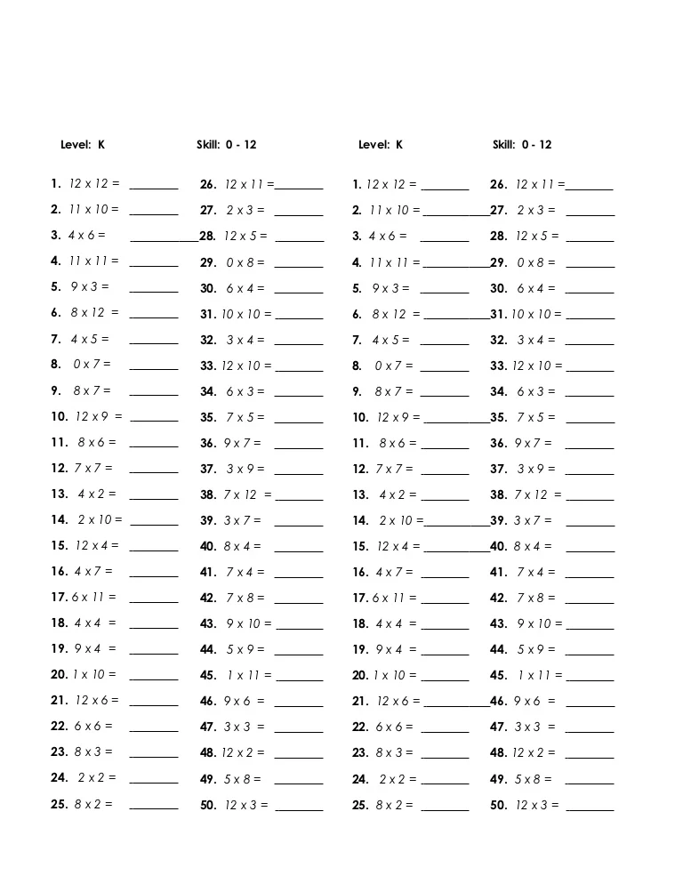 Printable Multiplication Table 0 to 12 Worksheet for Grade 3 Students Image 18 Third grade students completing a multiplication table worksheet covering facts from 0 to 12