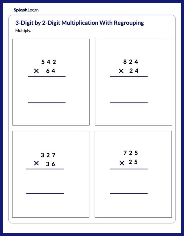 Multiplication with Regrouping worksheet for fourth graders featuring over 40 practice problems