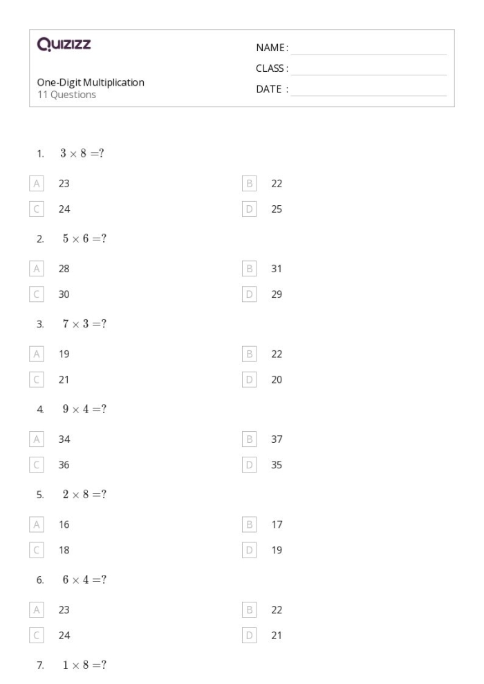 Third grade math worksheet featuring multiplication problems with two-digit by one-digit numbers
