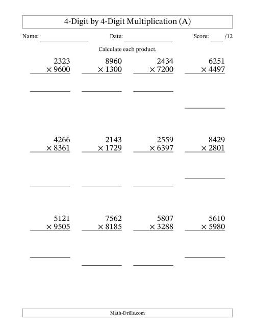Children working on a third grade multiplication worksheet focused on multiplying by 4