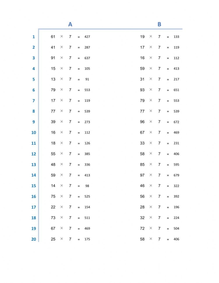 Third grade student practicing multiplication by seven problems on a printable math worksheet