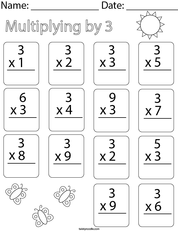 Third grade students working on a multiplying by three worksheet, solving equations and filling a multiplication chart. Engaging multiplication worksheet for third graders focused on the number 3.