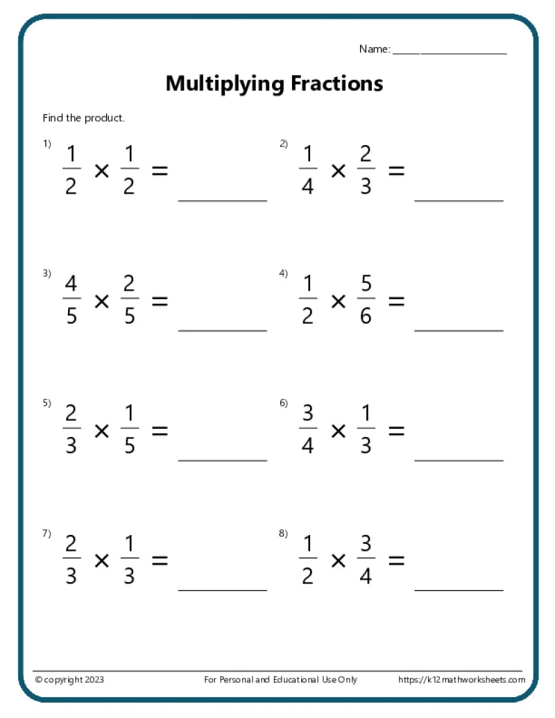 Worksheet for practicing multiplication of fractions aimed at fifth graders