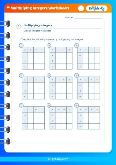 Multiplying Integers Practice Worksheet Number 19 Seventh grade math worksheet featuring a variety of problems for multiplying positive and negative integers