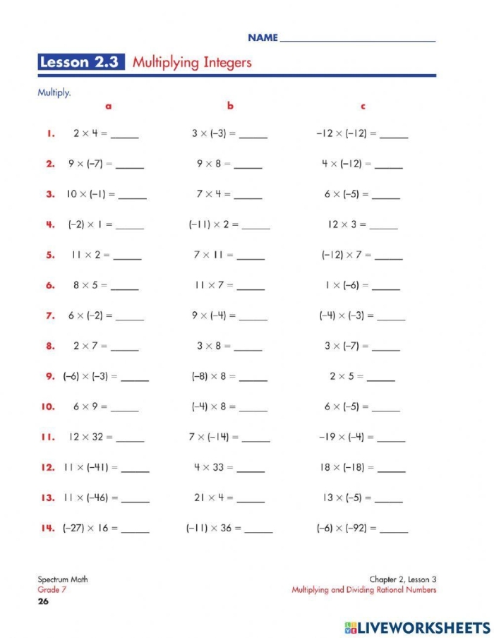 Number sense worksheet showing multiplication problems with integers for middle school math practice Seventh grade student solving multiplying integers problems with positive and negative numbers on a practice worksheet