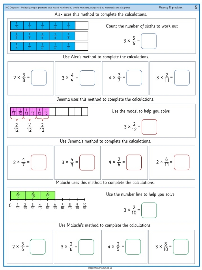 Fifth grade math worksheet showing problems on multiplying mixed numbers by whole numbers for practice