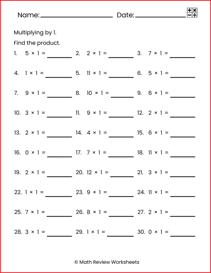 Multiplying by One Practice Worksheet for Elementary Math Students Third grade math worksheet showing multiplication equations and a chart where students practice multiplying numbers by 1