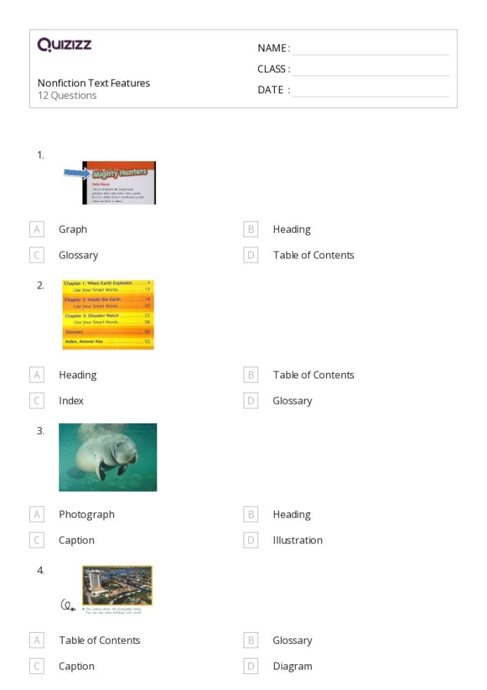 Third grade students identifying nonfiction text features like headings, captions, and bold words on a worksheet activity page
