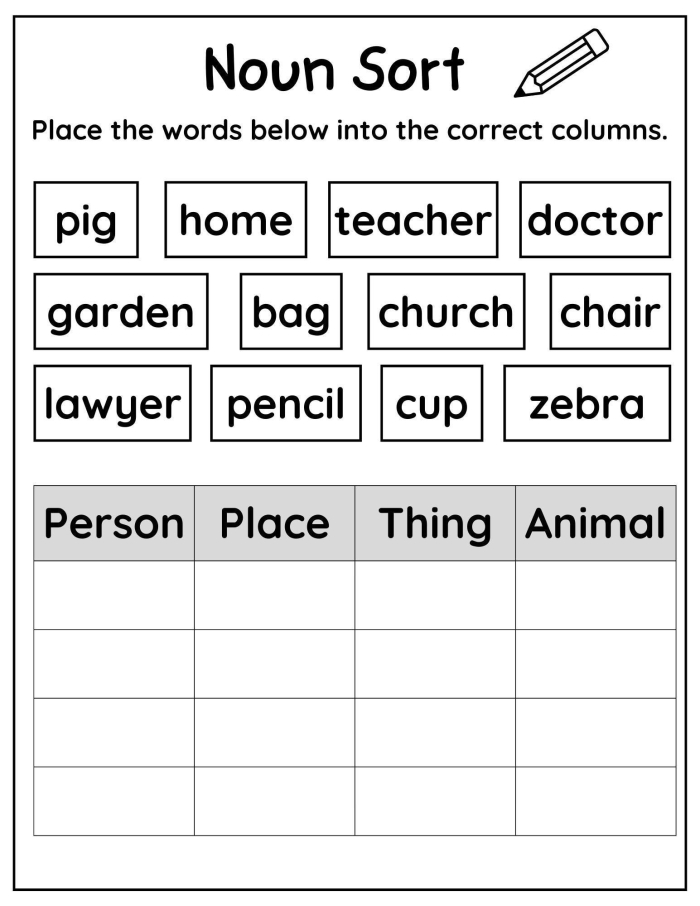 Worksheet for first graders to practice identifying nouns and verbs in sentences