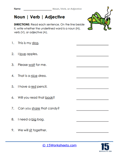 First grade worksheet for identifying nouns and verbs in sentences