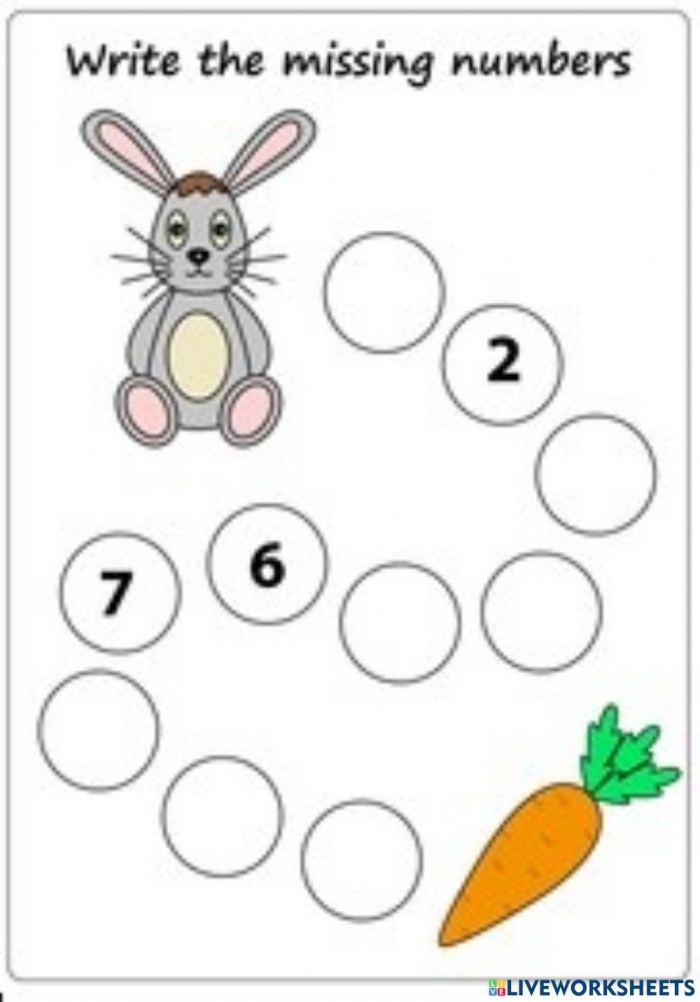 Worksheet for filling in missing numbers from 1 to 50 for kindergarten students