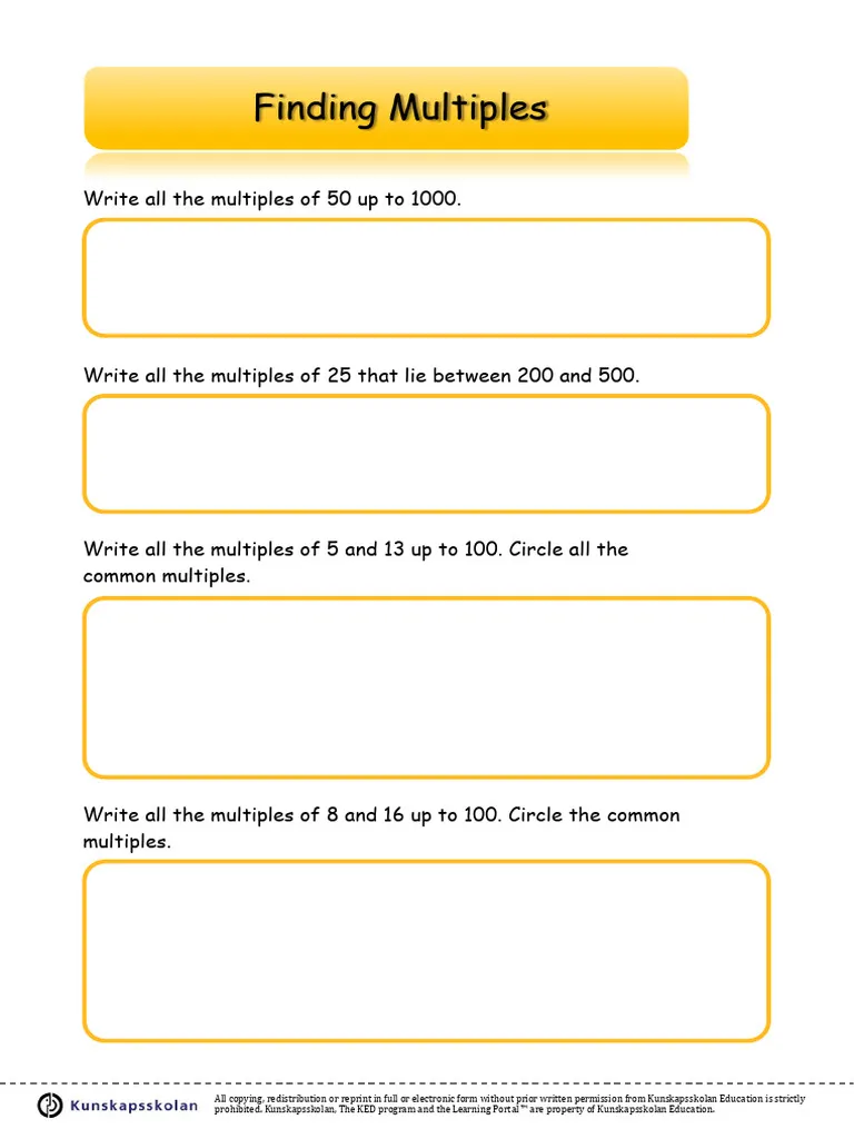 Find the Multiples fourth grade math worksheet for building number sense