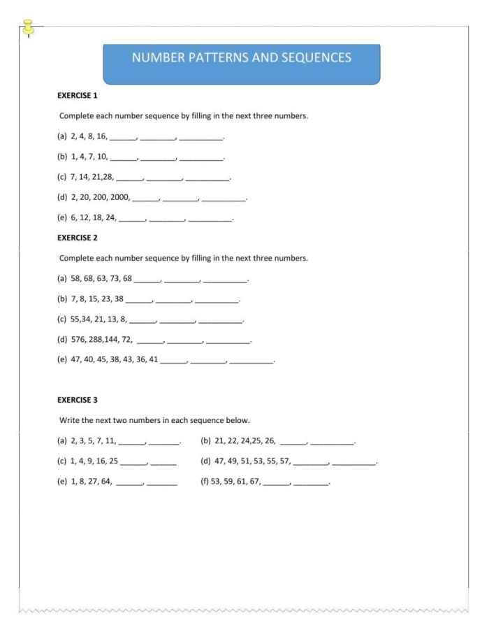 Practice Test: Number Patterns worksheet for second graders focusing on identifying subsequent numbers in sequences