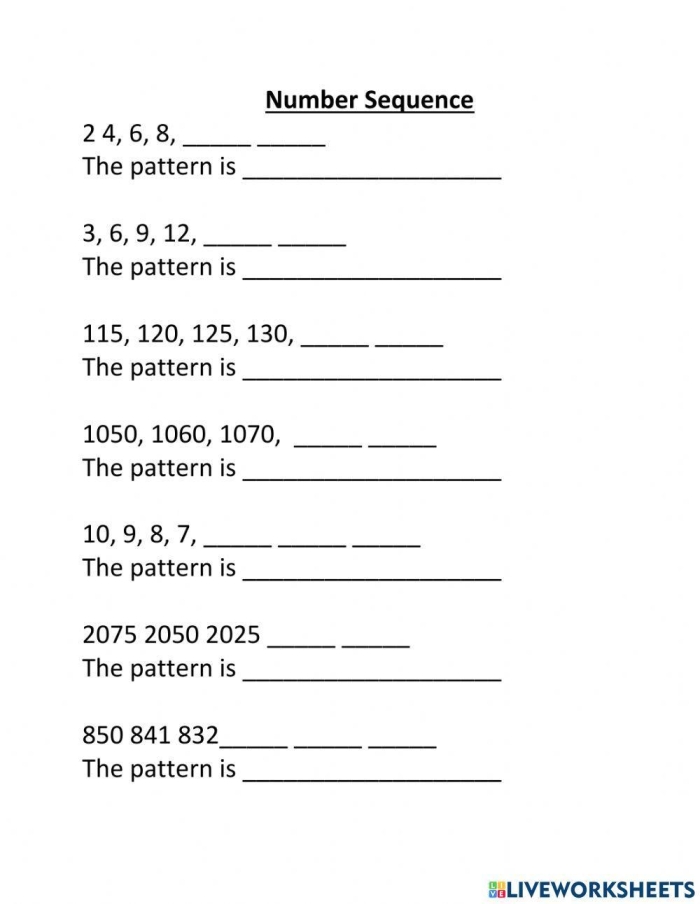 Third grade math worksheet for practicing number sequences with eighteen logic problems