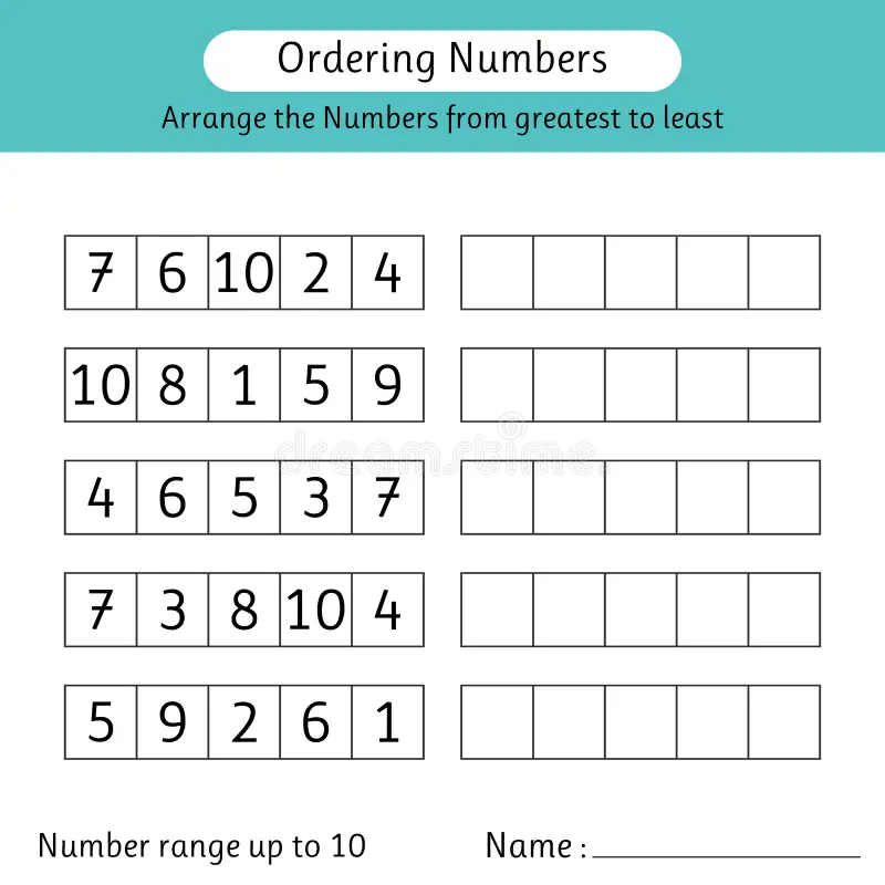 First grade math worksheet featuring number sequencing exercises from least to greatest