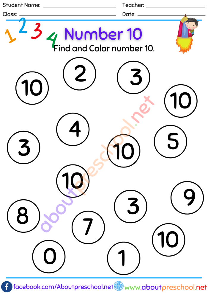 Pre-K early math worksheet focused on learning the number 10