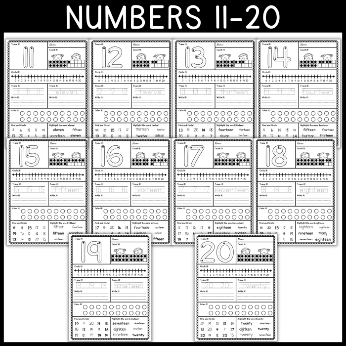 Number Practice 11-20 Worksheet Four for Kindergarten Math Students Kindergarten student practicing writing numbers 11 through 20 on a colorful worksheet