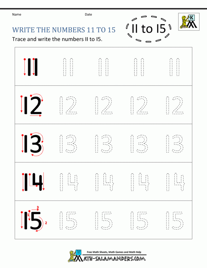 First grade worksheet featuring tracing activities for writing numbers 11 through 20
