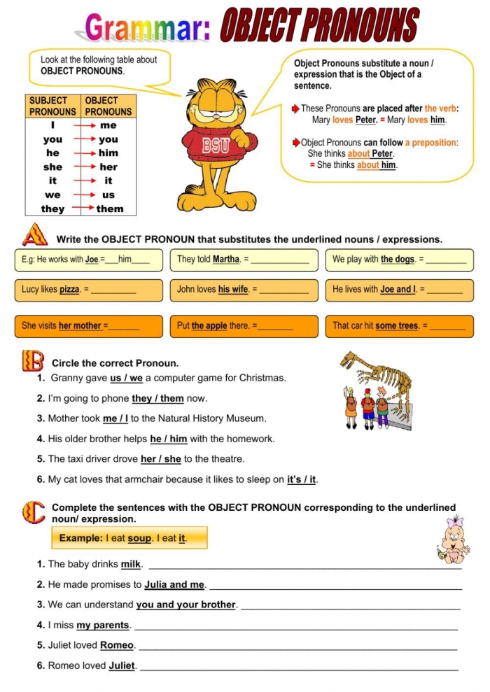 Third grade grammar worksheet showing object pronoun replacement practice exercises with example sentences