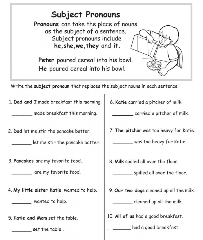 Third grade grammar worksheet focusing on replacing objects with correct pronouns