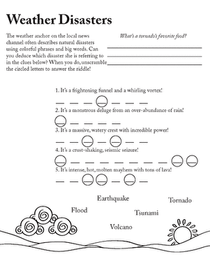Master of Disaster Vocabulary Practice Activity for Elementary Science Learning Third grade student completing a Master of Disaster vocabulary worksheet with natural disaster terms and illustrations