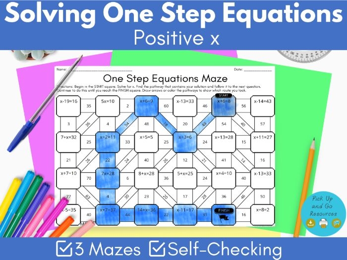 Sixth grade students practicing one-step addition, subtraction, multiplication, and division problems with a math maze worksheet 14