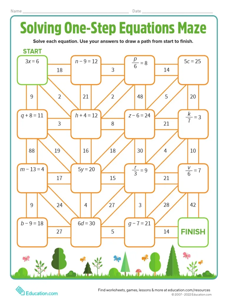 Sixth grade math student solving a one-step equations maze worksheet number ten