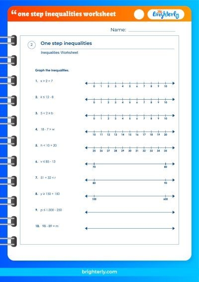 Worksheet for practicing one-step inequalities in seventh-grade algebra