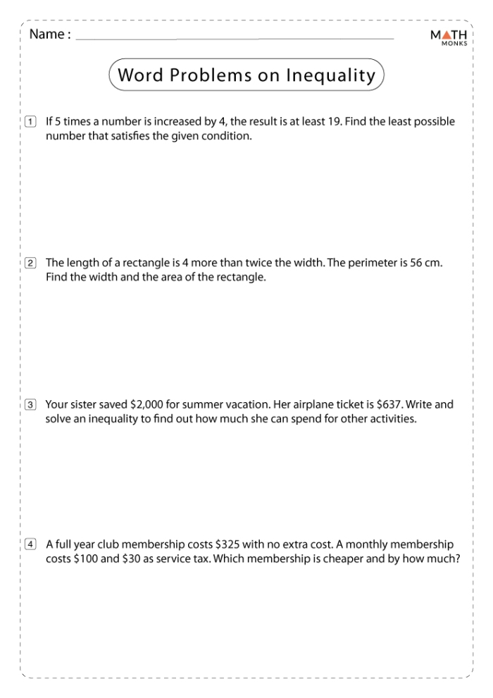 One-Step Inequality Word Problems worksheet for seventh-grade students