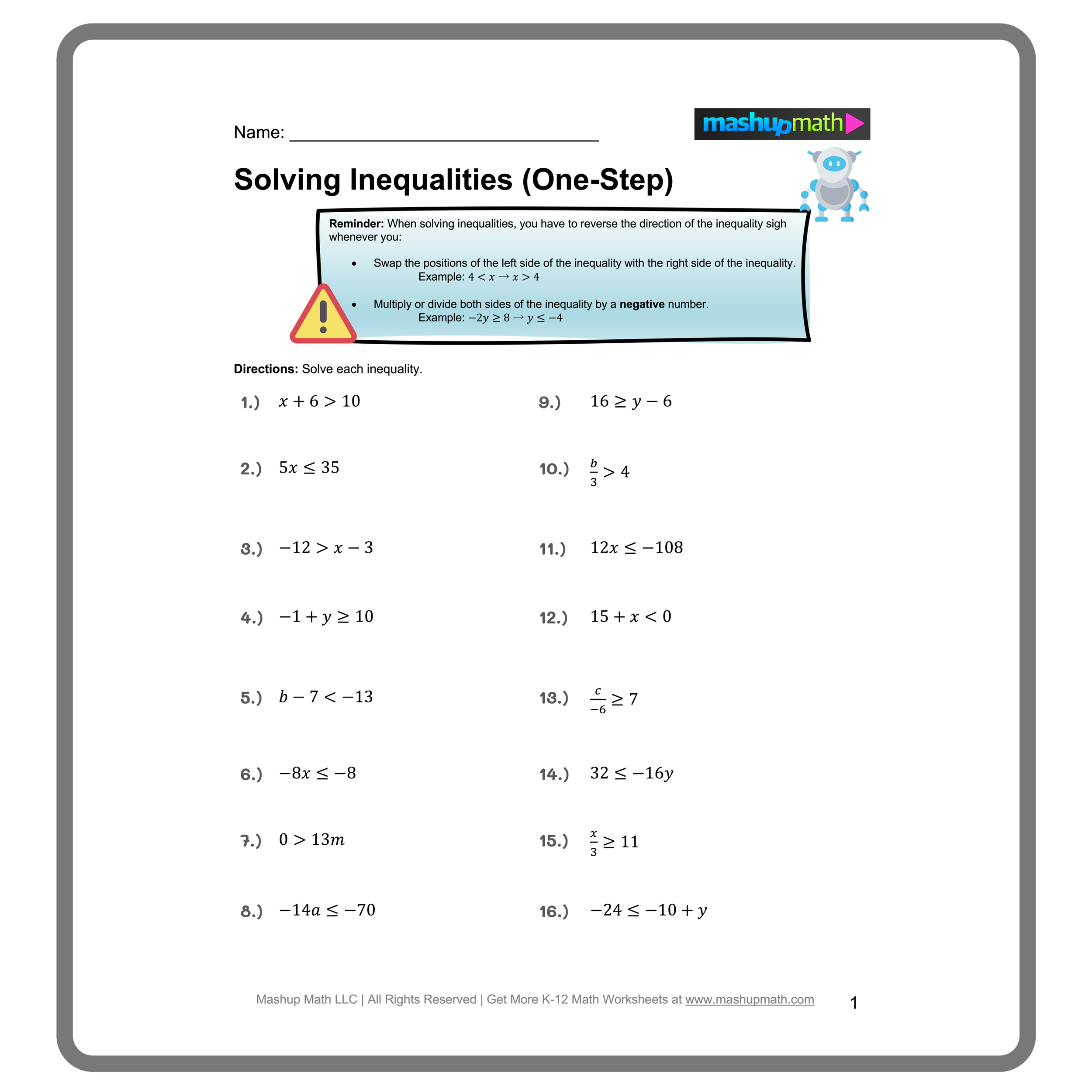 Worksheet for practicing one-step inequalities with inverse operations and graphing solutions