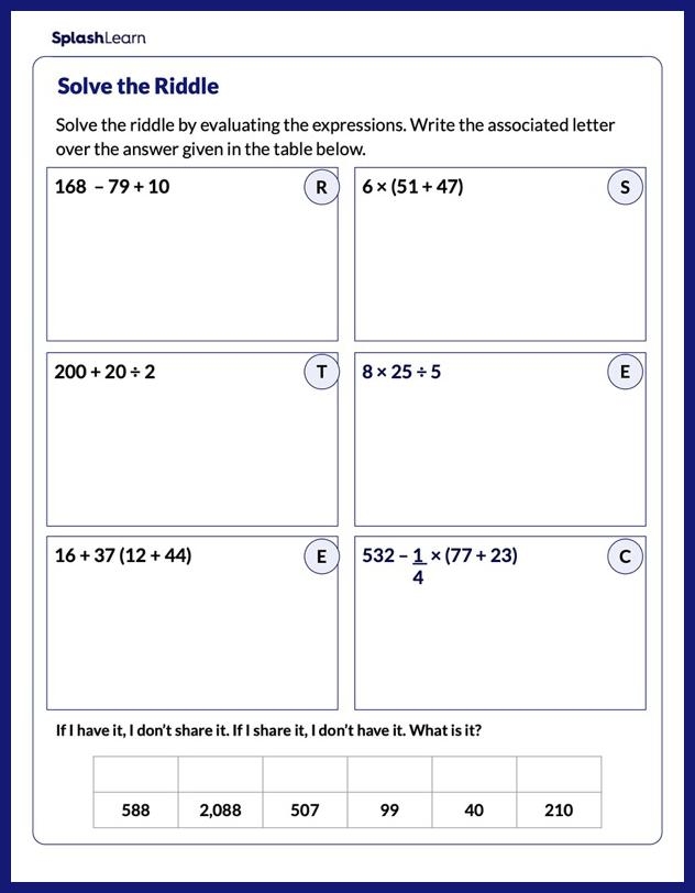 Worksheet featuring the evaluation of expressions using order of operations and exponents for sixth graders