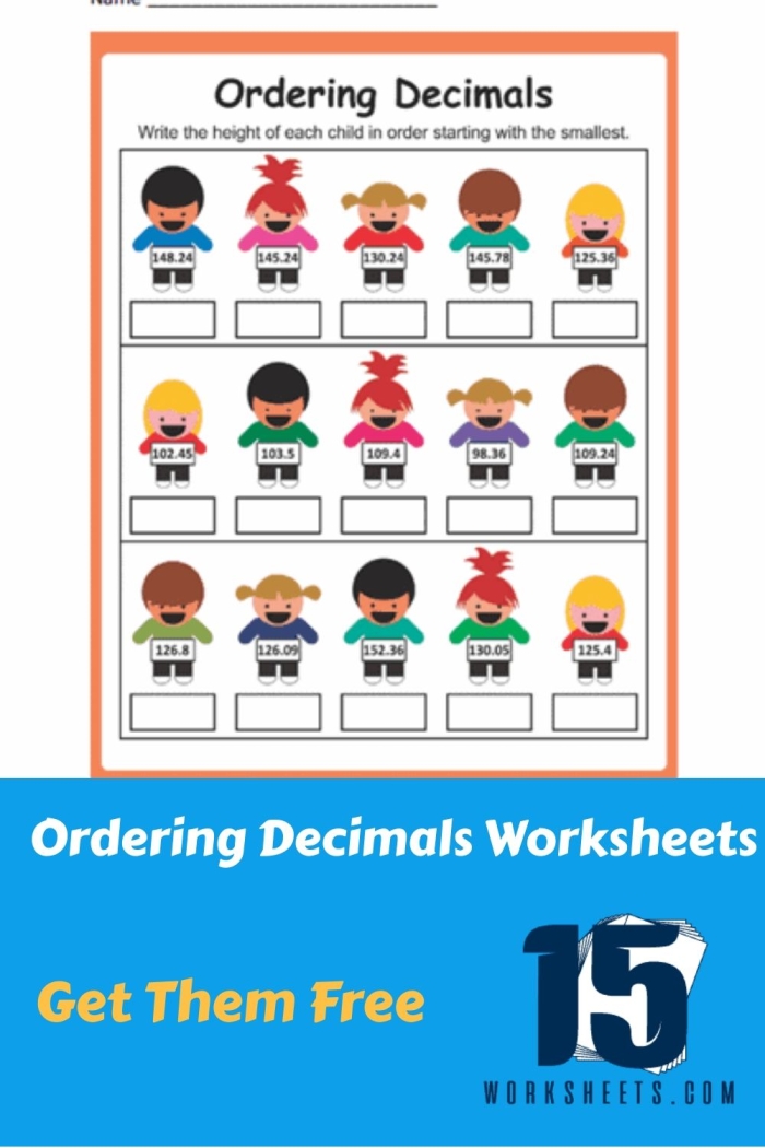 Fifth grade math worksheet featuring a number line activity to practice ordering decimals for image 20