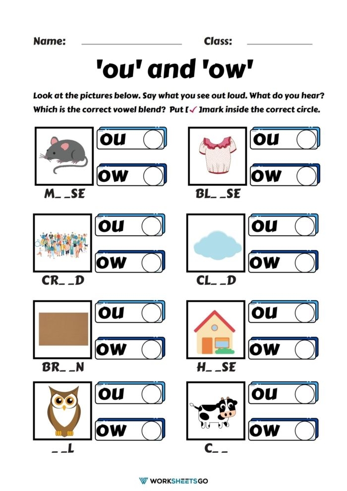 First grade phonics worksheet focusing on distinguishing between OU and OW spelling patterns