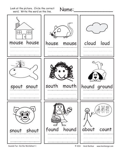 Phonics worksheet for first graders focusing on distinguishing OU and OW spellings
