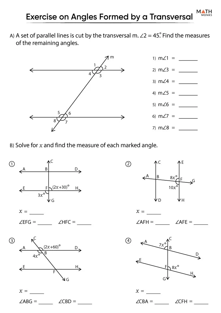 Transversals of Parallel Lines Angle Relationships Worksheet 16 Eighth grade geometry worksheet featuring angle relationships and transversals of parallel lines number sixteen