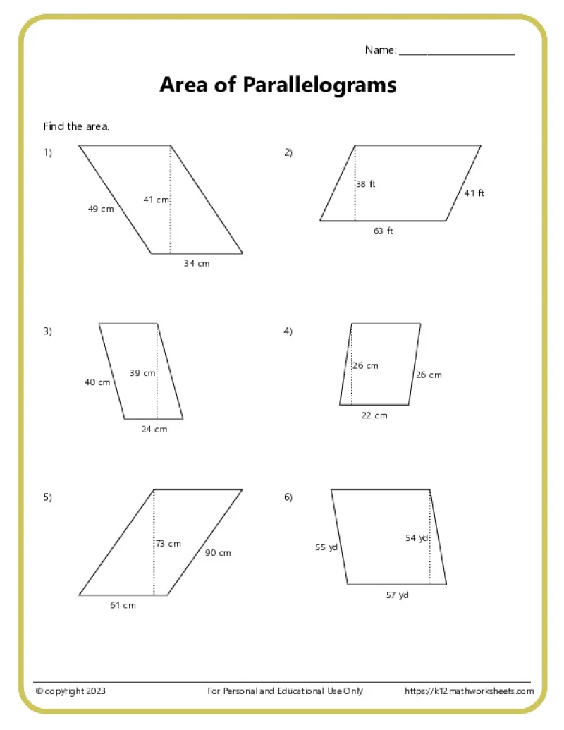 Sixth grade geometry worksheet featuring various parallelograms to calculate area for math practice 14