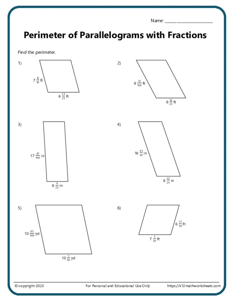 Sixth grade math students practicing geometry by calculating the area of various parallelograms on a worksheet