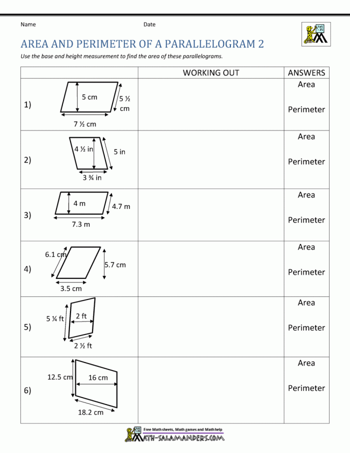 Worksheet on calculating the area of parallelograms for sixth-grade geometry students