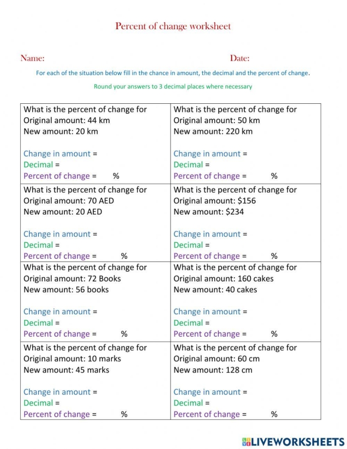Seventh grade student completing a worksheet on calculating percent of change for time and money problems