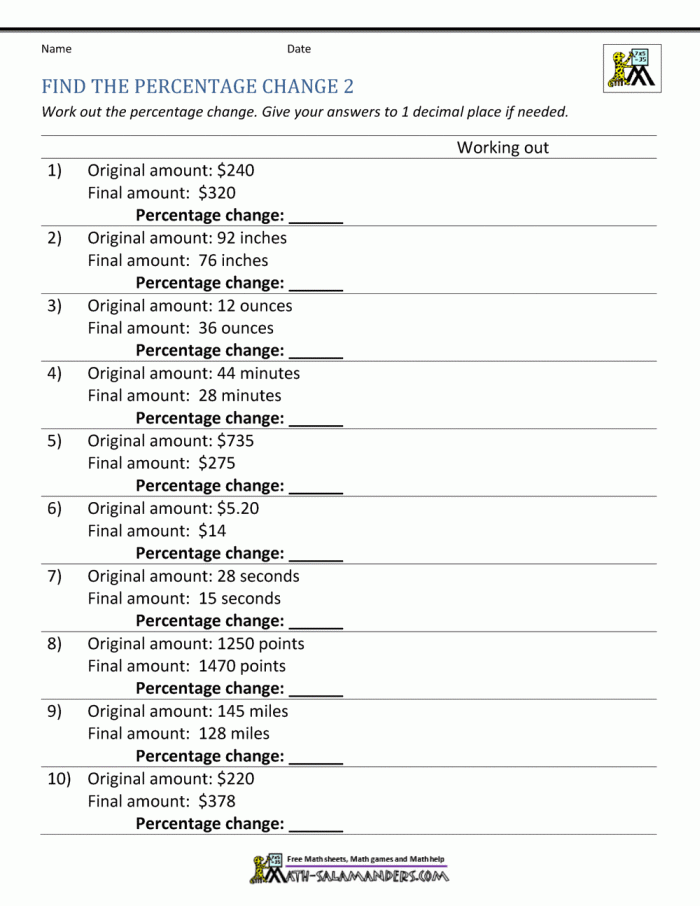 Seventh grade math worksheet featuring percent of change word problems for time and money exercises