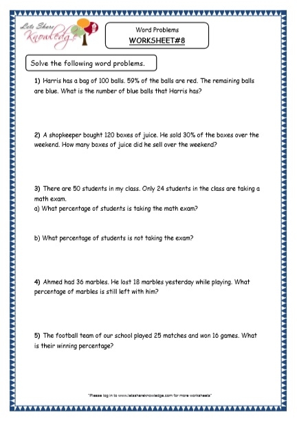 Students working on a Percent Word Problems worksheet for seventh grade math