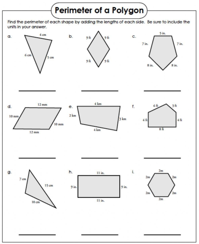 Fourth grade math worksheet for calculating the perimeter of polygons through multi-step word problems