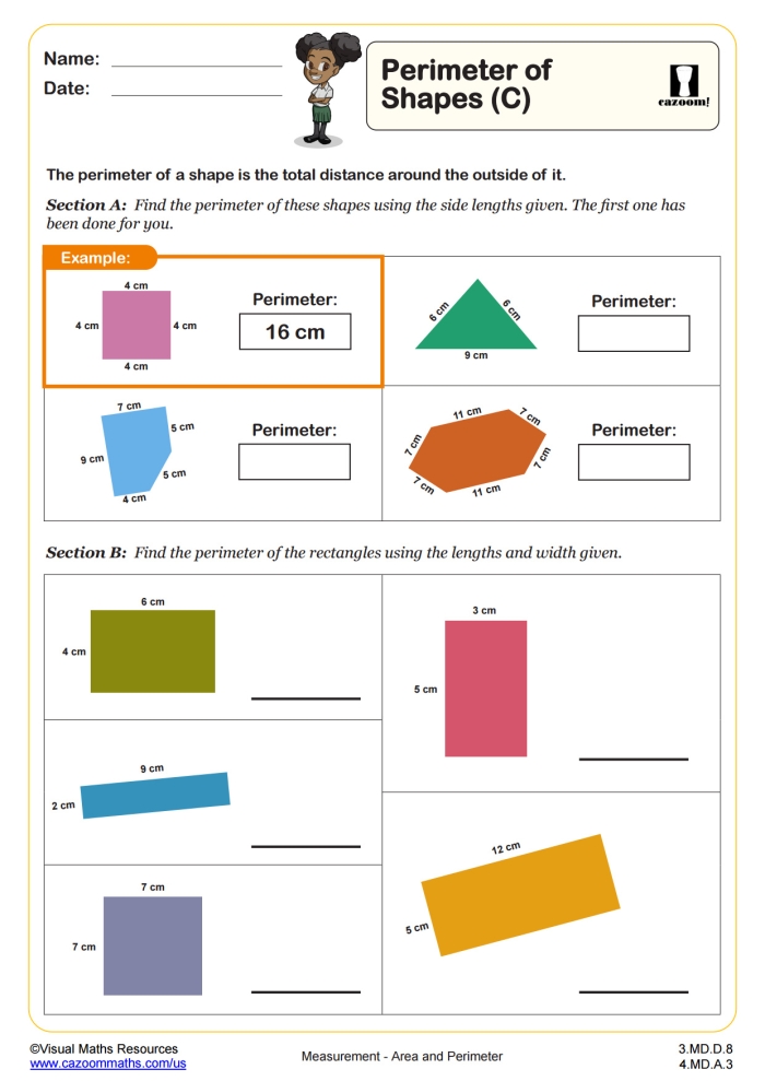 Third grade students calculate the perimeter of various polygons on this geometry worksheet